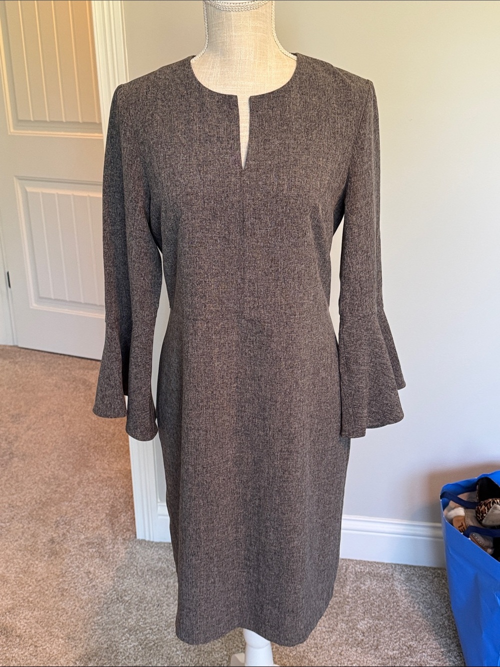 Ann Taylor Taupe Gray Notch-Neck Sheath Dress with Bell Sleeves